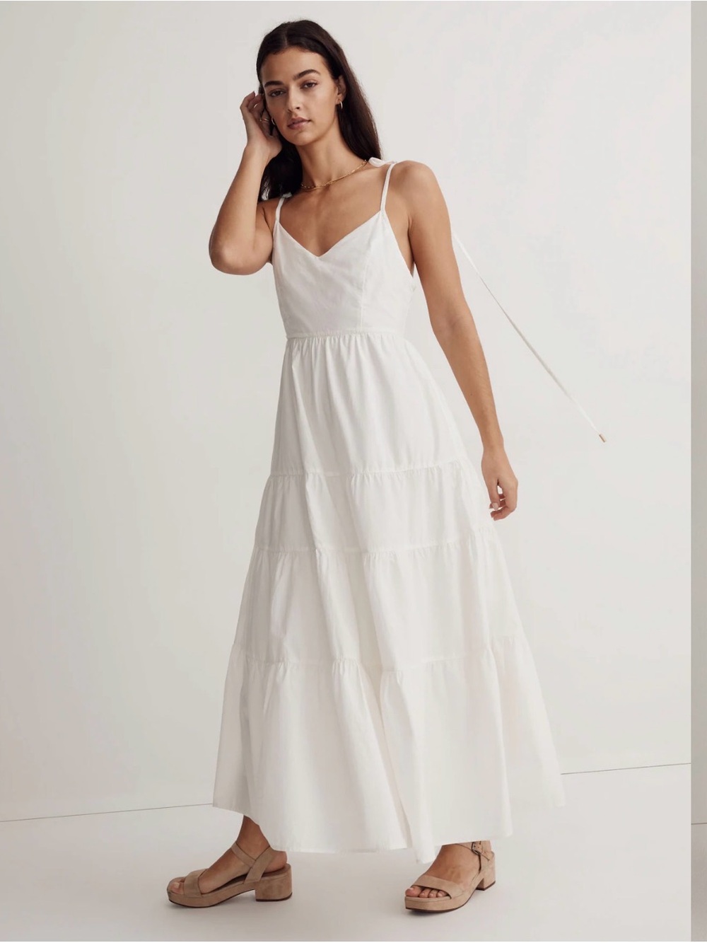 Madewell backless poplin White Tiered Maxi Dress with Spaghetti Straps